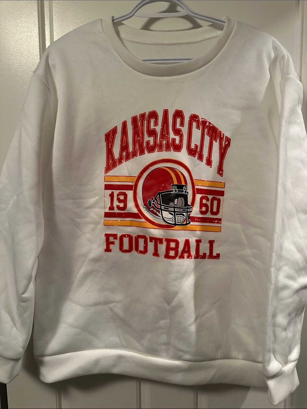 Kansas City Football Crewneck Sweatshirt - White with Red & Gold Graphic